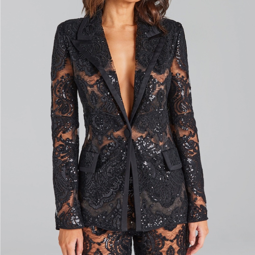 NWT Medium Black Lace Sequin Nadine Merabi Piper Blazer